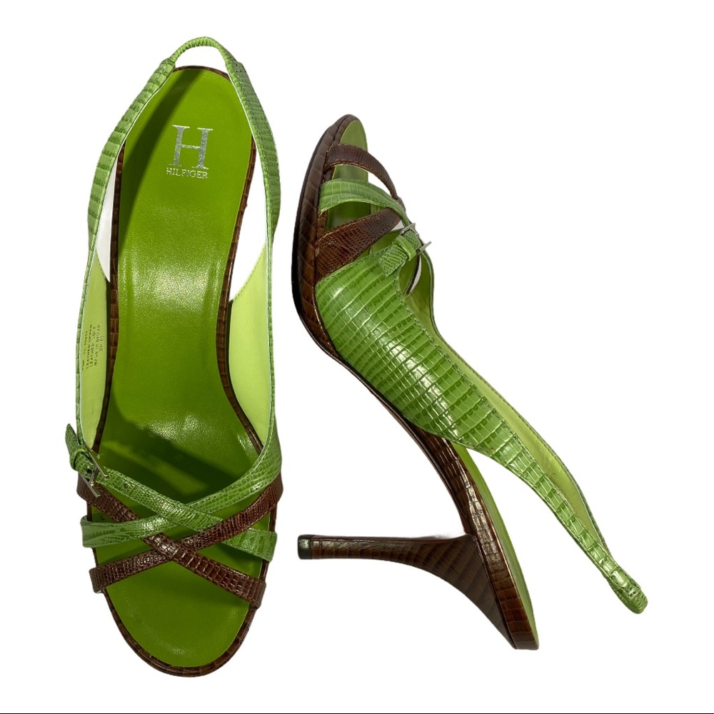 H Tommy Hilfiger leather brown green heels sandals